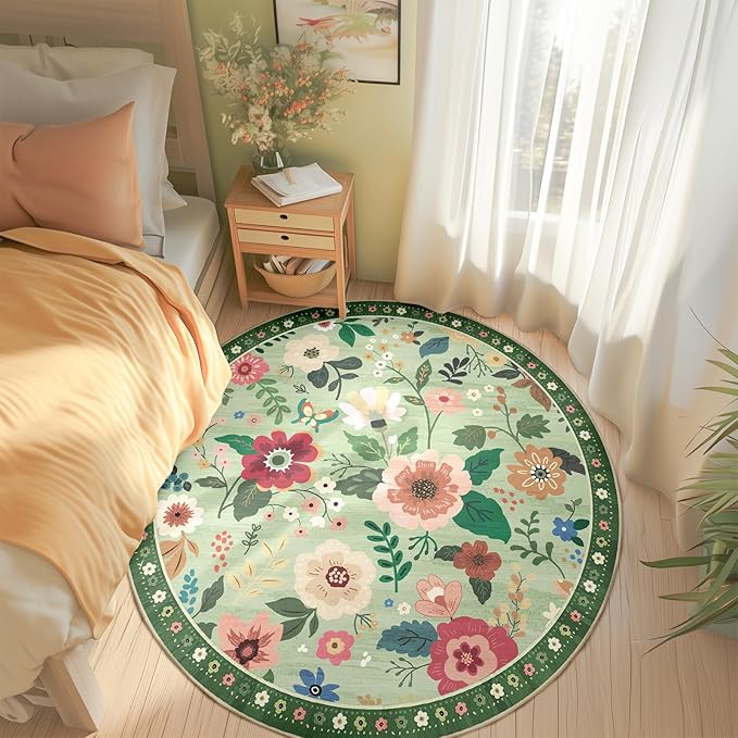 Floral 8ft Area Rug Machine Washable Soft Print Boho Carpet Non Slip Doormat Low Pile Flower Area Rugs for Living Room Bedroom Nursery Kitchen Dining Room Indoor-Light Green