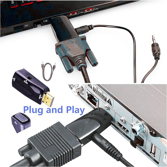 HDMI to VGA Adapter VGA Female to HDMI Male Gold Plated 1080P Connector Converter with 3.5mm Audio Jack Cable 50cm/19.68inch for PC HDTV Desktop Laptop Projector Monitor