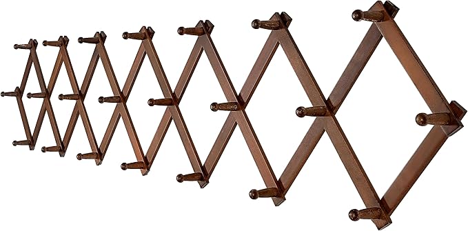 SKOLOO Accordion Wall Hanger with 22 Hooks, Modern Expandable Coat Rack Hat Rack for Wall, Solid Wooden, Walnut Color