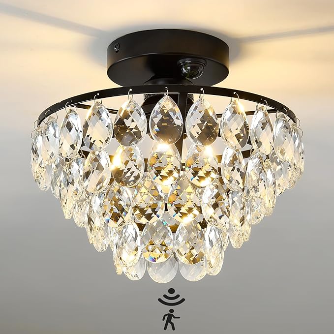 YYJLX Indoor Motion Sensor Ceiling Light Fixture Modern Cryatal Semi Flush Mount Ceiling Light Black Ovrehead Light Fixture for Porch Hallway Front Entryway Kitchen Hall Garage.