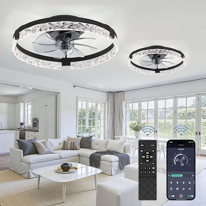 LEDIARY 2 Pack 20 Inch Low Profile Ceiling Fan with Lights and Remote, Dimmable Fandelier Ceiling Fans, Black Modern Flush Mount Ceiling Fan with 3 Color Temperature Change and 6 Speeds