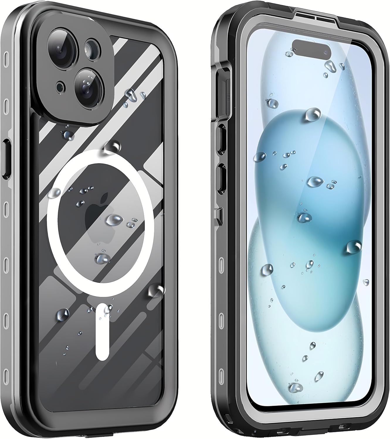 Ezanmull iPhone 15 Waterproof Case, Magnetic with Screen Protector, IP68 Underwater, 15FT Military Dropproof Black
