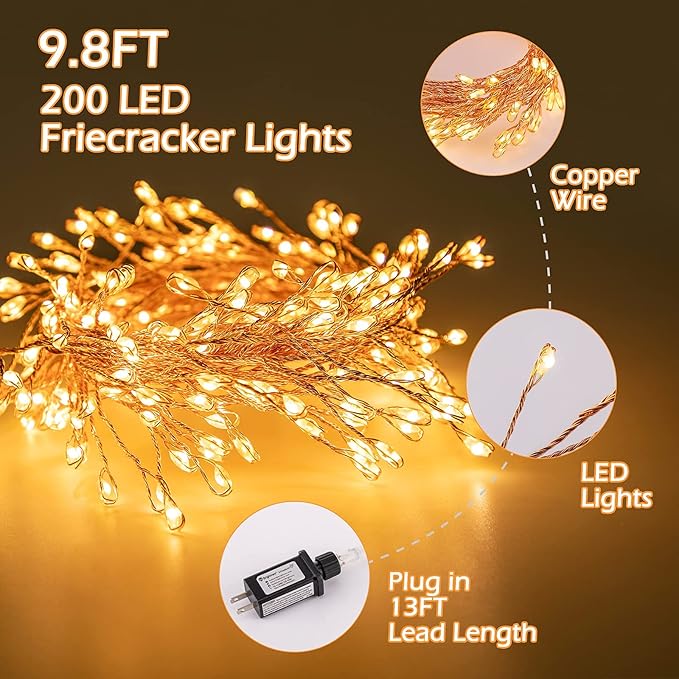 Minetom Fairy Lights Plug in, 10Feet 200 Led Cluster Lights Waterproof Starry String Lights for Ceiling Bedroom Wreath Window Wedding Christmas Tree Decoration, Warm White