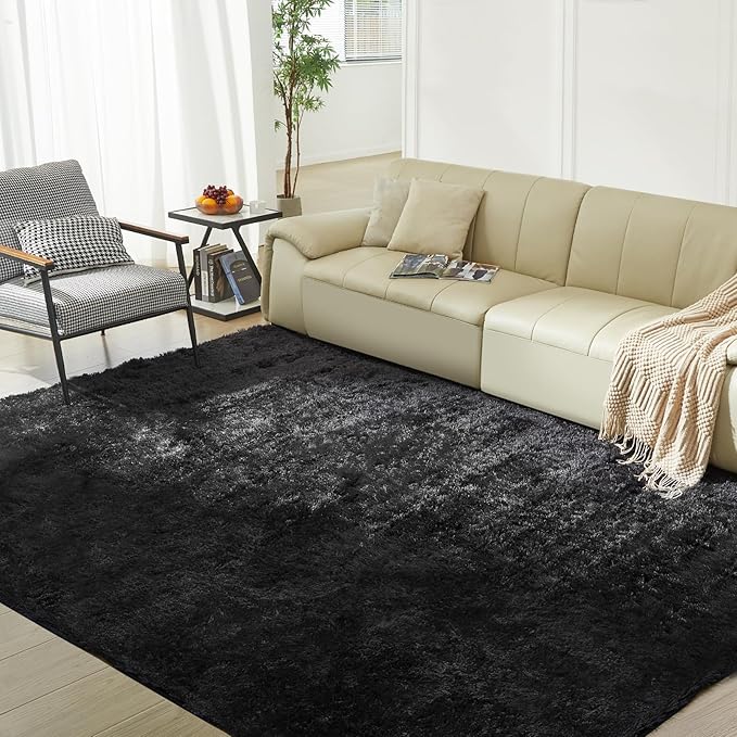 Ultra Soft Rug for Living Room, 8X10 Fluffy Shag Area Rug for Bedroom, Modern Shaggy Carpets Fuzzy Rug for Teens Dorm Nursery Home Decor Aesthetic, Upgrade Anti-Skid Durable, Black