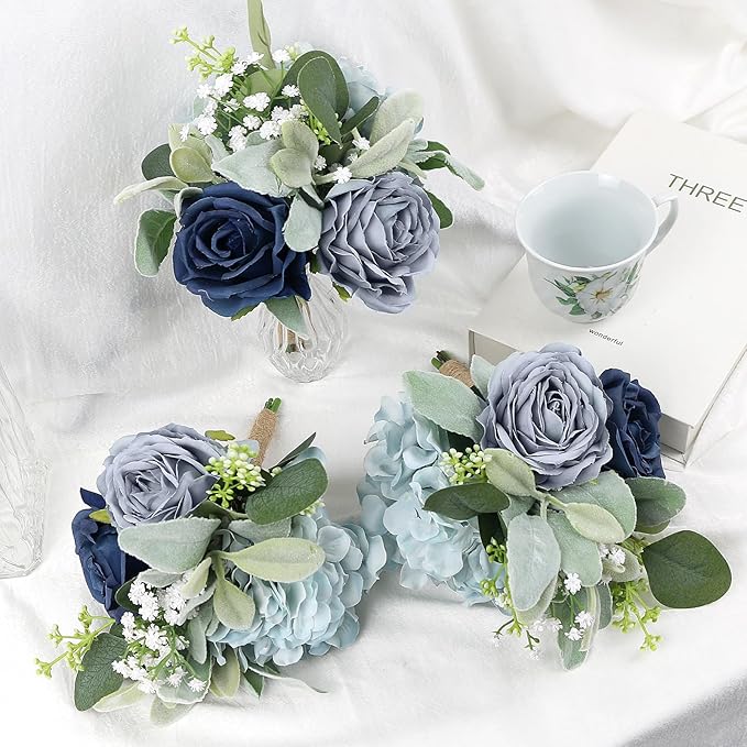 Wedding Artificial Bridesmaid Bouquet - 7 Inch Pre-Made Silk Bridesmaids Flowers Bouquet Small Bridal Bouquet for Bridesmaid for Rustic Vintage Wedding Ceremony Anniversary -Navy Blue