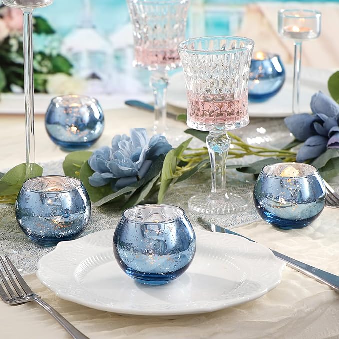 LAMORGIFT 24 Pcs Blue Votive Candle Holders Bulk- Blue Tealight Candle Holders for Wedding Decor, Mercury Glass Votives for Bridal Shower, Baby Shower Table Centerpieces