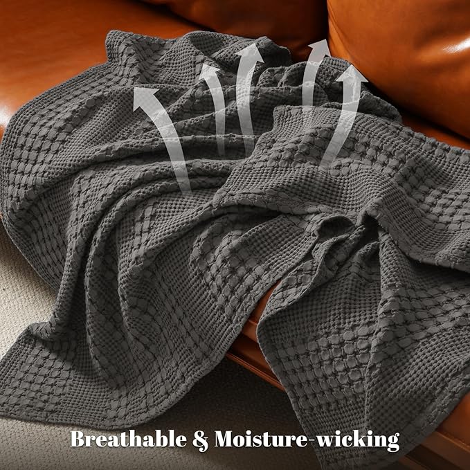 PHF 100% Cotton Waffle Weave Blanket Queen Size for Bed, Soft Lightweight & Breathable, All-Season Comfort, Luxury Aesthetic Woven Bedding for Home Decor, 90"x90", Charcoal Grey