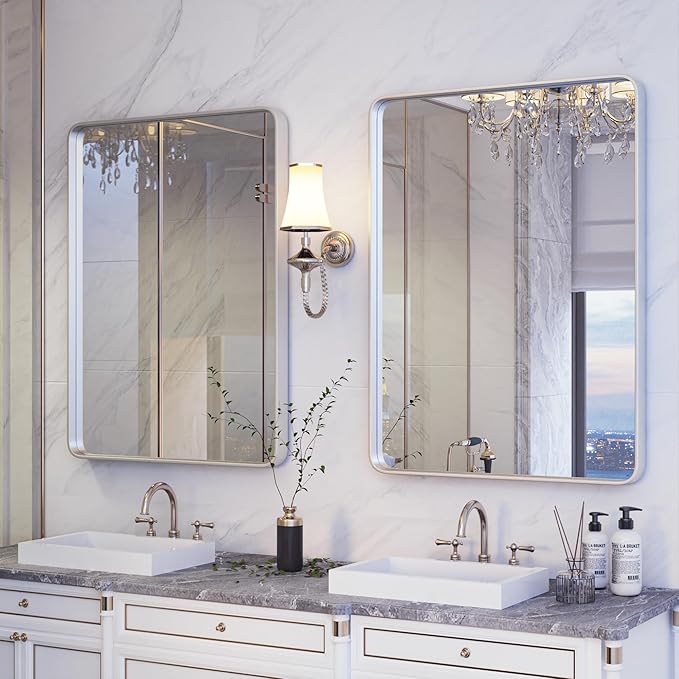 ISKM Silver Framed Mirror for Wall 20"x 16", Bathroom Vanity Mirror Anti-Rust, Tempered Glass, Rounded Rectangle Mirror(Horizontal/Vertical)