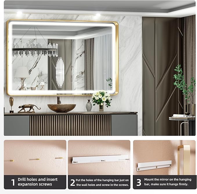 Hasipu 40×30 Inch LED Bathroom Mirror with Lights, Gold Metal Framed Bathroom Lighted Mirror for Vanity Shaving, Rectangle Wall Mounted Mirror, Anti-Fog, Dimmable, 3 Colors (Horizontal/Vertical)