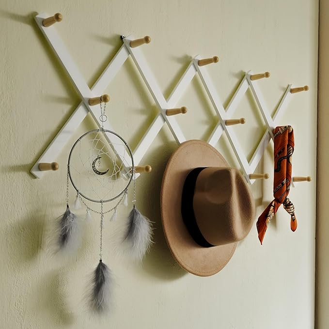 SKOLOO Hat Rack for Wall with 14 Hooks, Solid Wooden, Modern, Expandable Coat Rack Wall Mount for Coats, Hats, Bags, Baseball Caps, Natural on White