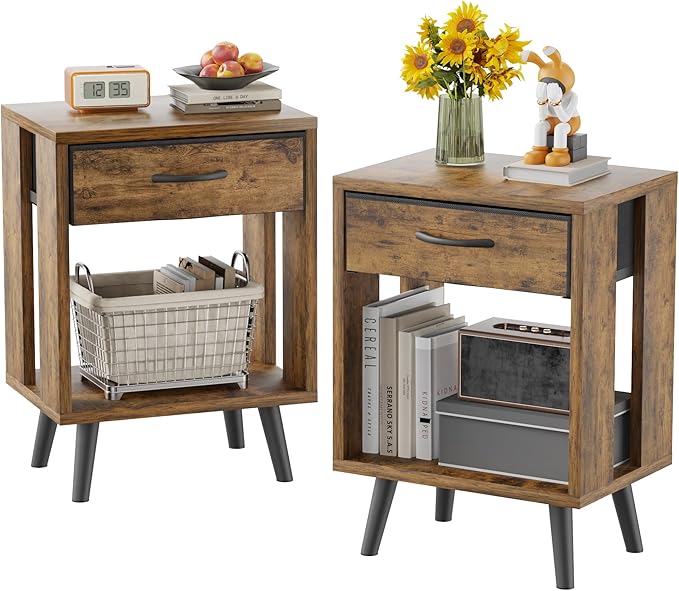 GYIIYUO Nightstands Set of 2 with Fabric Storage Drawer and Open Wood Shelf, Side Table with Storage for Bedroom, Night Stand with Drawer for Bedroom, Bedside Tables - 15.8" D x14 W Rustic Brown