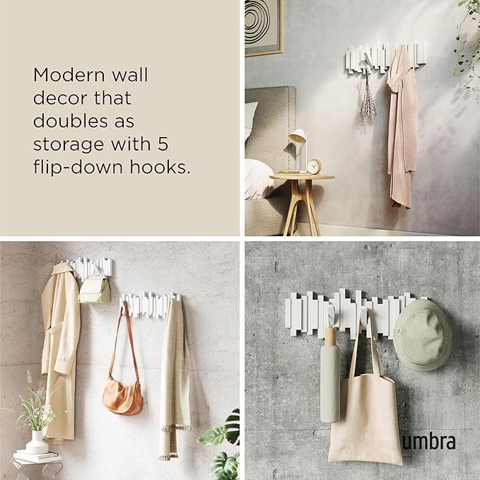 Umbra Sticks Wall-Mounted Coat Rack Rail Hook with 5 Retractable Pegs – Modern, Space-Saving Storage Organizer, White