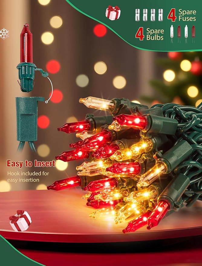 Hopolon Christmas Lights Indoor Outdoor, 2 Pack 13 FT 50 Count Incandescent Mini String Light, Green Wire Christmas Tree Lights Waterproof for Holiday Wedding Valentine's Day Decor, Red and Clear