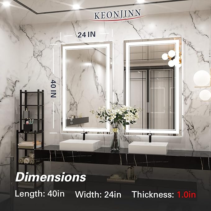 Keonjinn LED Bathroom Mirror with Lights, 40 x 24 Inch Front Lighted Vanity Mirror, HD Tempered Glass, UL-Listed LED Driver, Anti-Fog, 6000K Dimmale, Memory Function, Easy Installation