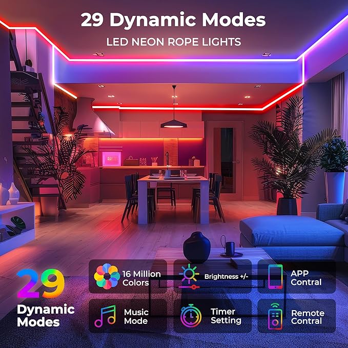 20FT LED Neon Rope Lights, Flexible Led Rope Lights Control with App/Remote, IP67 Outdoor RGB Color Changing Led Neon Lights Waterproof, Music Sync Led Strip Neon Lights for Bedroom Decor