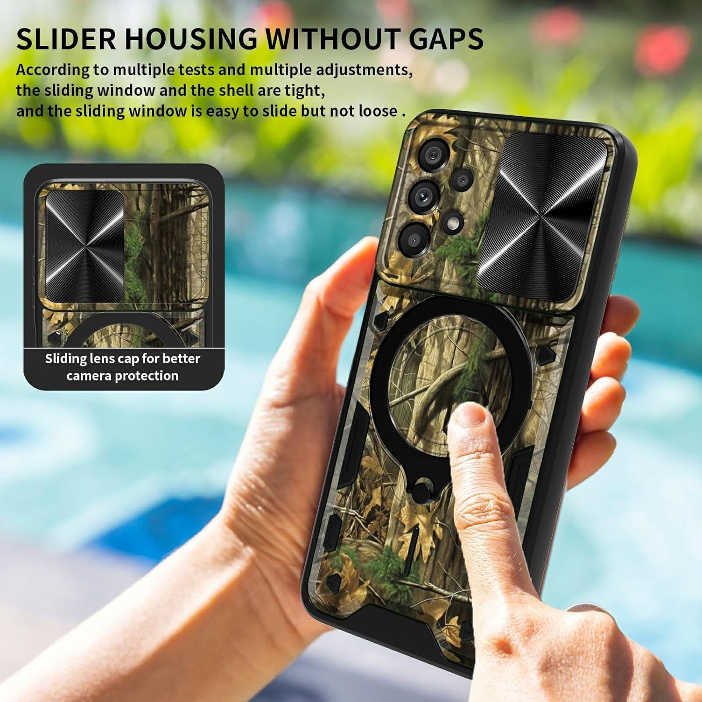 Samsung Galaxy A53 5G Case - Heavy Duty Dual Layer with Slide Camera Lens Cover & 360° Kickstand, Camouflage Tree.