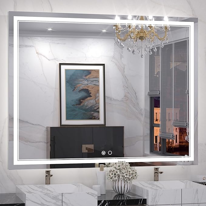 Keonjinn 48 x 40 Inch LED Bathroom Mirror with Lights, Large Wall Mounted Vanity Mirror, UL Listed LED Driver, HD Tempered Glass, Easy Installation, Anti-Fog, Memory Dimmable 6000K, CRI 90+