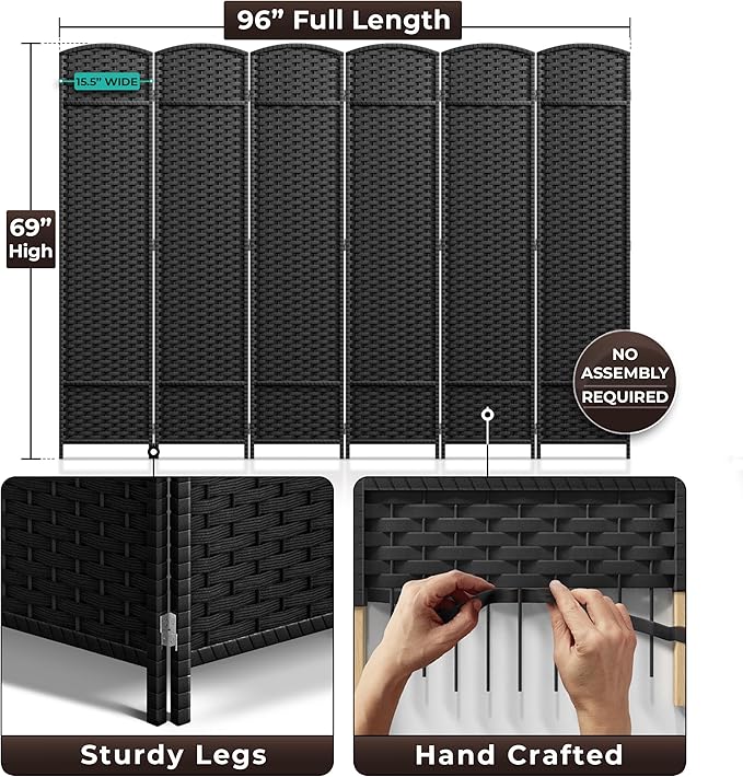 Sorbus 6 Panel Room Divider 6 ft. Tall - Privacy Screen, Extra Wide Double Hinged Panels, Mesh Hand-Woven Design, Partition Room Dividers and Folding Privacy Screens, Wall Divider for Room Separation
