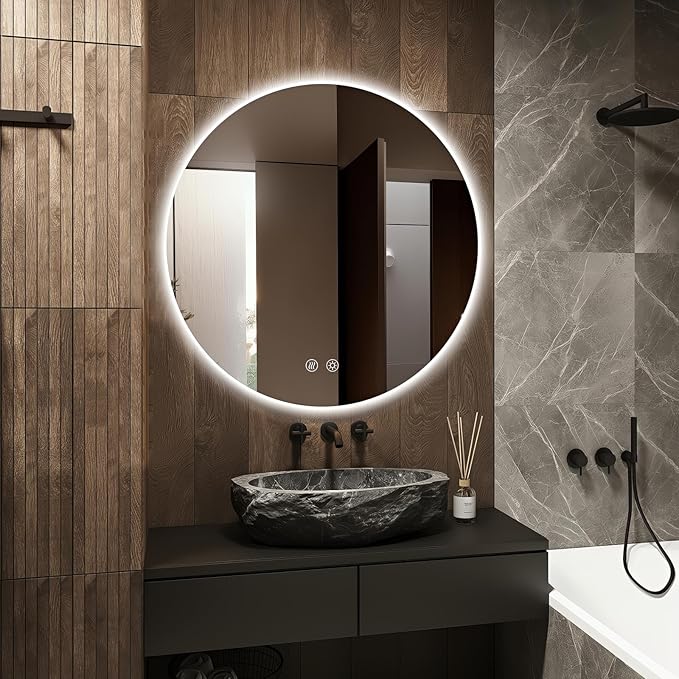 Niccy Round Led Mirror for Bathroom, 28" Circle Frameless Backlit Mirror wiht Light, Anti-Fog, 3 Colors, Waterproof, Memory Function