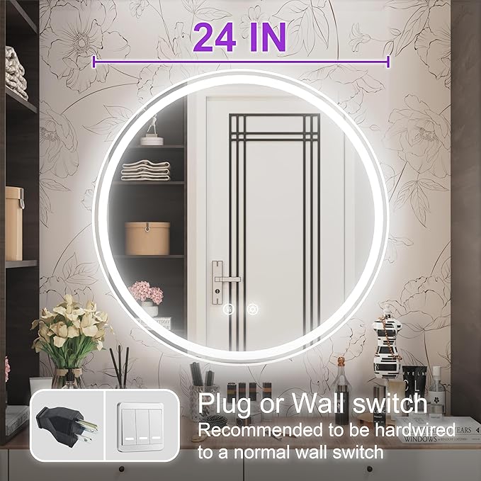 24 Inch Round LED Bathroom Mirror,Front & Backlit Lighted Bathroom Vanity Mirror, 6000K, CRI 90+, Dimmable, Touch, Anti-Fog