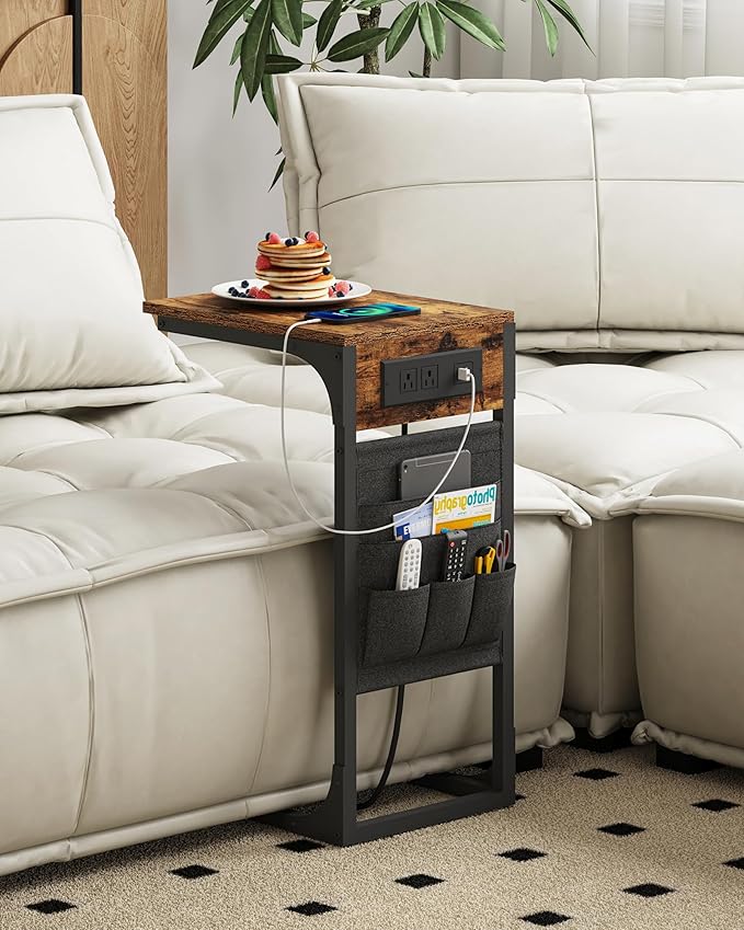 TUTOTAK C Shaped End Table with Charging Station, Side Table for Sofa, Couch with Storage Bag, Set of 2, TV Tray with 2 USB Ports and Outlets for Living Room, Bedroom, Brown TB01BB0242