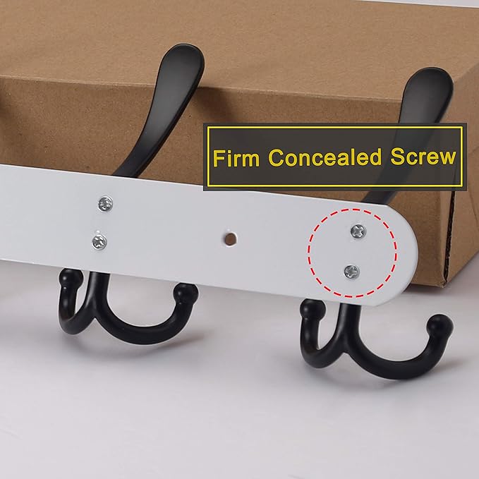 Dseap Coat Rack Wall Mount - 29.5” Long 8-Tri-Hooks Heavy Duty Coat Hanger Rail Wall Hooks for Hanging Coats Hats Clothing Clothes Purse Mudroom Entryway, White & Black