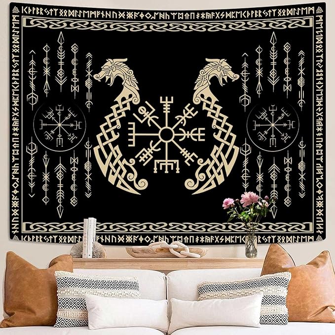OSUNBD Nordic Vikings Tapestry, Large 10670 inches Soft Flannel, Vegvsir Symbol Twins Dragons Celtic Rune Scandinavian Aesthetic Mythology Tapestry Wall Hanging for Bedroom Living Room Decor