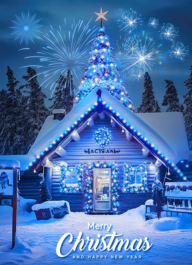 Minetom Solar String Lights for Outside, 33Ft 100 LED Outdoor Solar Fairy Lights, 8 Modes Balcony Lights for Tree Patio Christmas Party Decor (Blue and White)