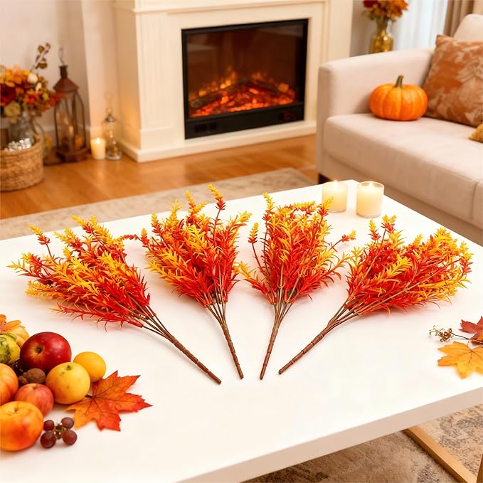 Geegoods 16 Bundles Artificial Fall Flowers Outdoor – Faux Lavender Flowers with Monkey Grass UV Resistant Plastic Faux Plants for Halloween Front Door Porch Patio Yard Balcony Decor, Orange Color