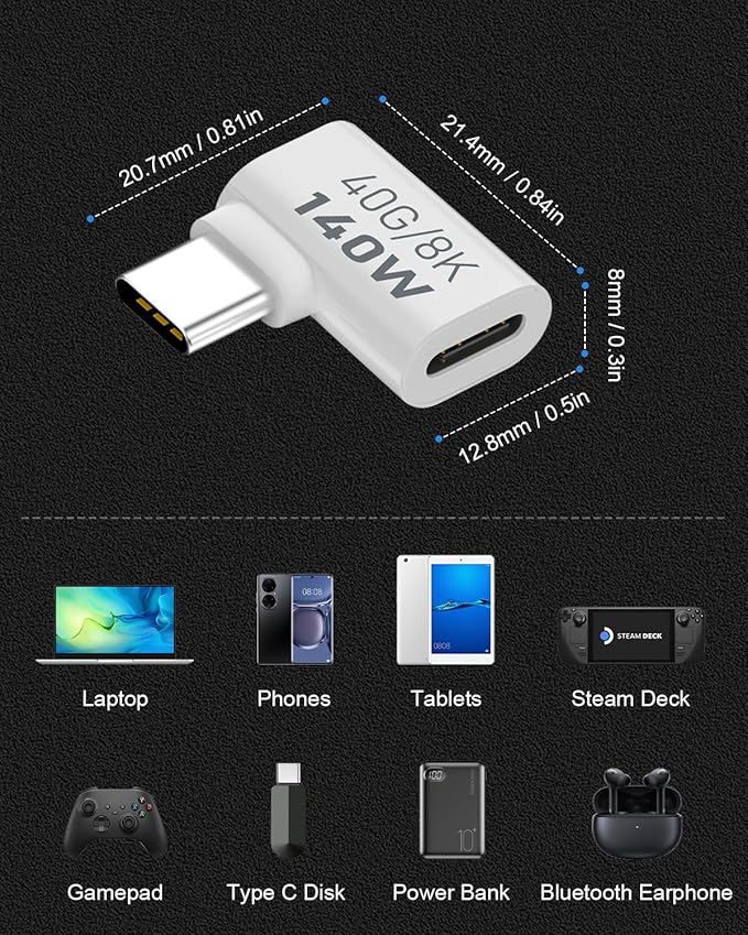 Danfetsoy 140W Right Angle USB C Male to Female Adapter, 40Gbps 90 Degree Type C Extender Connector Suitable 8K@60Hz for Thunderbolt 4/3 Laptop, Phones, etc(4 Pack)