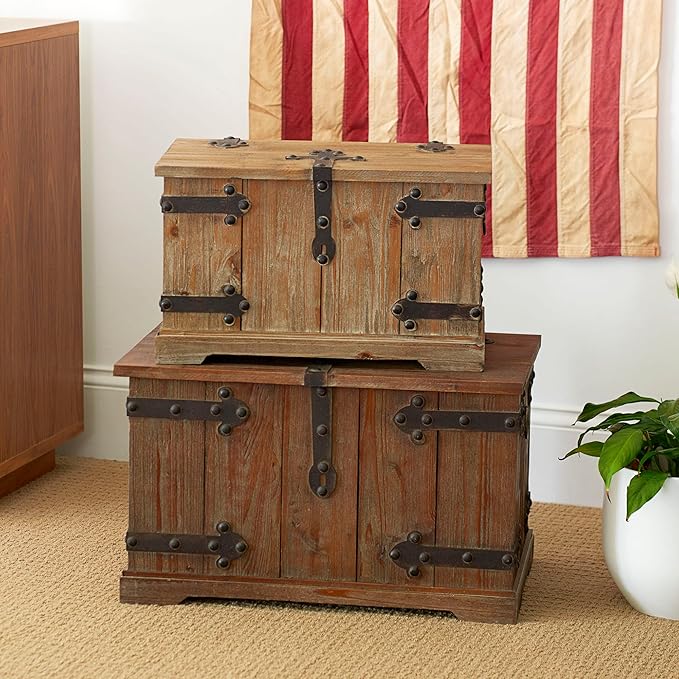 Household Essentials 2 Piece Decorative Trunks, Victorian Set, Small and Large, Chinese Fir Wood, Aged-Wood Finish with Metal Accents, Fully Opening Lid, Stout Design, Ring Handles