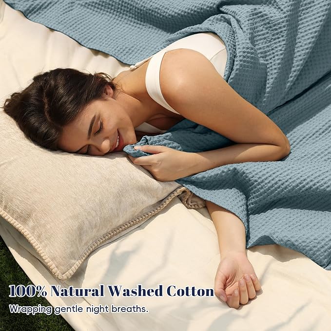 PHF 100% Cotton Waffle Weave Blanket Queen Size for Bed,Snag Proof Lightweight Breathable Moisture-Wicking Throw for Couch,Great for Layering in Cold Weather,Machine Washable, Home Decor Gift-Ocean