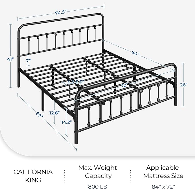 Yaheetech Classic Metal Platform Bed Frame Mattress Foundation with Victorian Style Iron-Art Headboard/Footboard/Under Bed Storage/No Box Spring Needed/California King Size Black