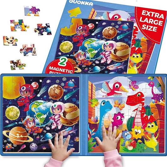 QUOKKA Magnetic Puzzles for Toddlers 4-6 - 2x48 Travel Puzzle Games for Kids Ages 3-5 Years Old - Dinosaur Car Activities Toy for Boys and Girls 2-4 yo - Space Learning Magnet for Road Trip
