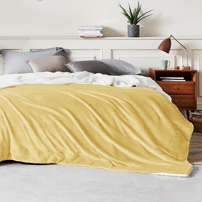 Bedsure GentleSoft Sherpa Fleece Blankets Queen Size for Bed - Thick and Warm Throw for Women and Men, Soft Fuzzy Plush Queen Blanket for Winter, Yellow, 90x90 Inches