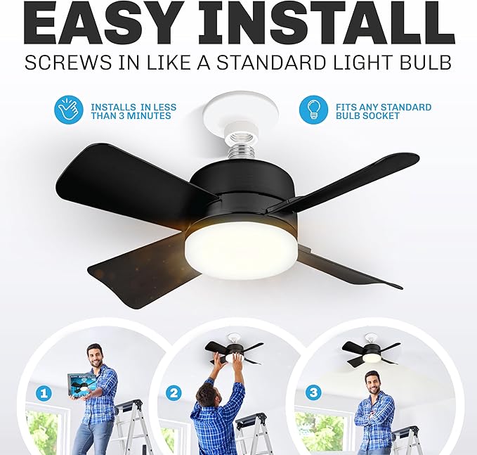 Bell+Howell Socket Breeze Socket Fan Light with Remote, Portable Small Ceiling Fans with Lights for Bedroom, Kitchen, Living Room, Ceiling Fan with Light 3500K, 1000 Lumens, Screws into E26/E27