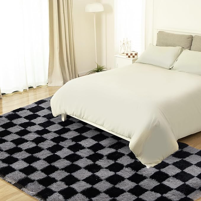 Super Soft Rug for Bedroom, 8x10 Ft Grey and Black Area Rug Classic Checkered Shaggy Rug Anti-Skid High Pile Soft Fluffy Fuzzy Carpet for Living Room Bedroom Kids Room Nursery, Dorm Home Decor