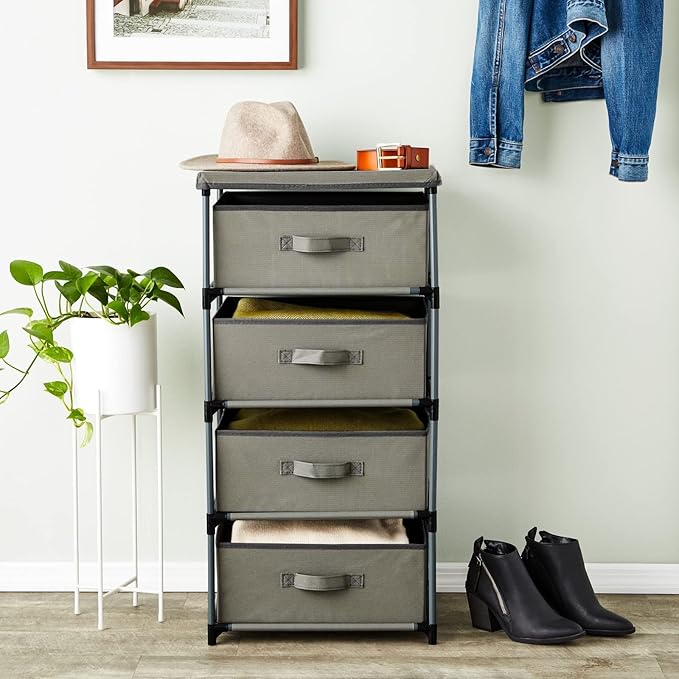 Juvale 4-Tier Dresser for Bedroom - 16.5 in x 13 in x 33 in, Light Gray Fabric, 4 Drawers - Narrow Closet Storage Drawers & Organizer - Steel Frame & Easy Assembly