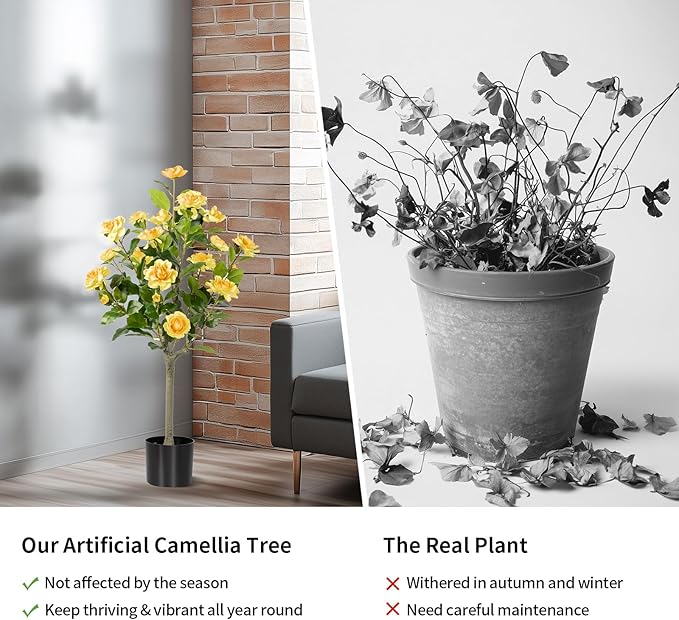 Artificial Camellia Tree 2 Pack, Artificial Plants Outdoor Faux Floral Plant in Cement Pot Fake Silk Camellia Tree Plants for Home House Living Room Office Decor