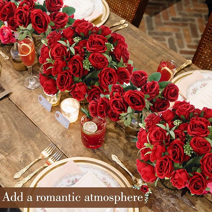 Zeyune 8 Pack 12 Inch Wedding Bouquets for Bride Bridesmaid Red Artificial Rose Bouquet Fake Silk Roses Flowers Bunches Bulk for Home Office Garden Parties Decoration