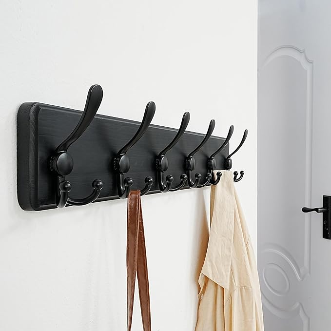 Dseap Coat Rack Wall Mounted - 24" Long 6 Tri Hooks, Heavy Duty Wooden Wall Coat Hanger Coat Hook for Clothes Hat Jacket Clothing, Black, Pack of 2