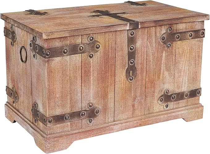 Household Essentials Decorative Trunk, Victorian, Large, Chinese Fir Wood, Aged-Wood Finish with Metal Accents, Fully Opening Lid, Stout Design, Ring Handles