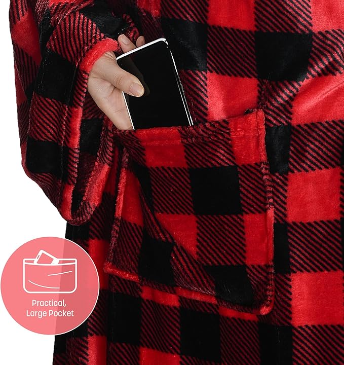 Catalonia Wearable Fleece Blanket with Sleeves and Foot Pockets for Adult Women Men, Micro Plush Comfy Wrap Sleeved Throw Blanket Robe Large, Red Checker Plaid