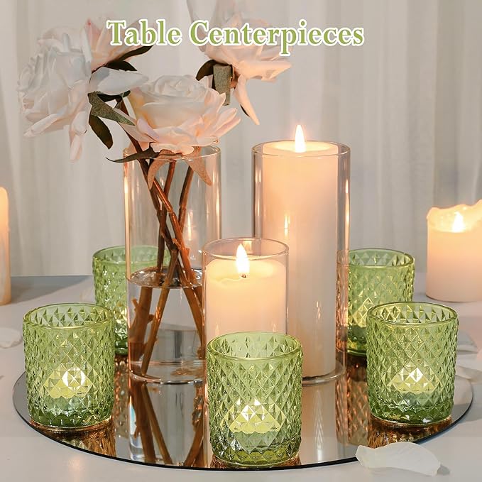 24 Pcs Votive Candle Holders for Wedding, Olive Green Glass Tea Lights Candle Holders for Party Table Decor, Candle Holders Bulk Baby Shower, Vintage Green Depression for Table Centerpiece