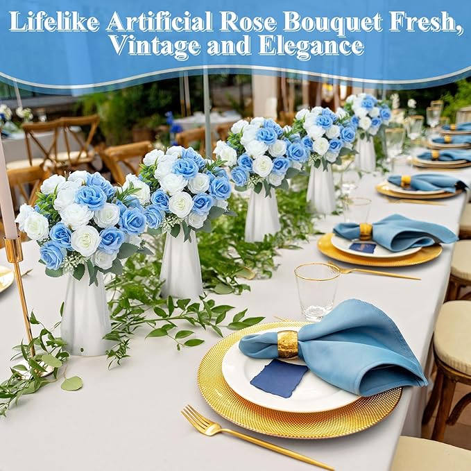 Zeyune 16 Bunches 12 Inch Artificial Mini Rose Bouquet 160 Heads Bridal Flower Bouquets Fake Silk Rose Bulk for Wedding Bridal Shower Christmas Home Office Garden Decoration(White and Blue)