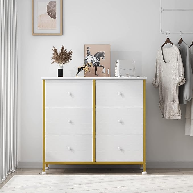 BOLUO White Dresser for Bedroom 6 Drawer Small Dresser Organizers Fabric Storage Chest Tower Dressers Unit for Closet Nursery Hallway Office, Kids and Adult Modern Gold
