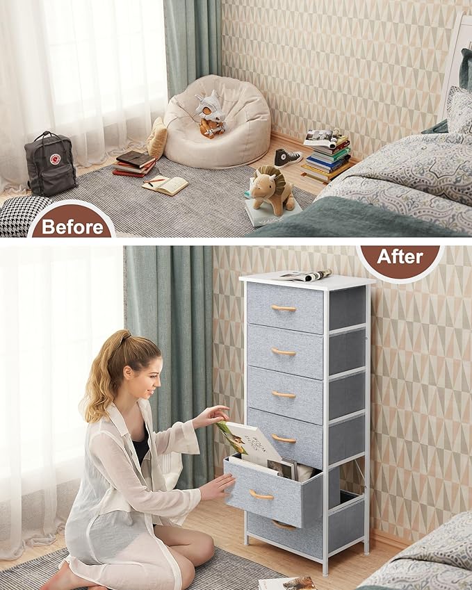 Crestlive Products Tall Dresser Storage Tower - Sturdy Steel Frame, Wood Top, Easy Pull Fabric Bins, Handles - Vertical Organizer Unit for Bedroom, Hallway, Entryway, Closets - 6 Drawers (Light Gray)