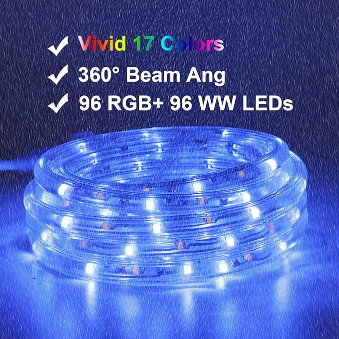 16ft LED Rope Lights, RGBWW Color Changing Strip Lights with Remote, Flexible and Connectable Durable Tube, Waterproof for Indoor Outdoor Use, 17 Colors and 6 Modes