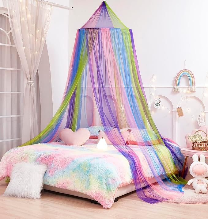 Rainbow Bed Canopy for Girls, X-Large Princess Bed Canopy Rainbow Bedroom Accessories Decor,Girls Mosquito Net Dome Canopy for Twin to King Size Bed