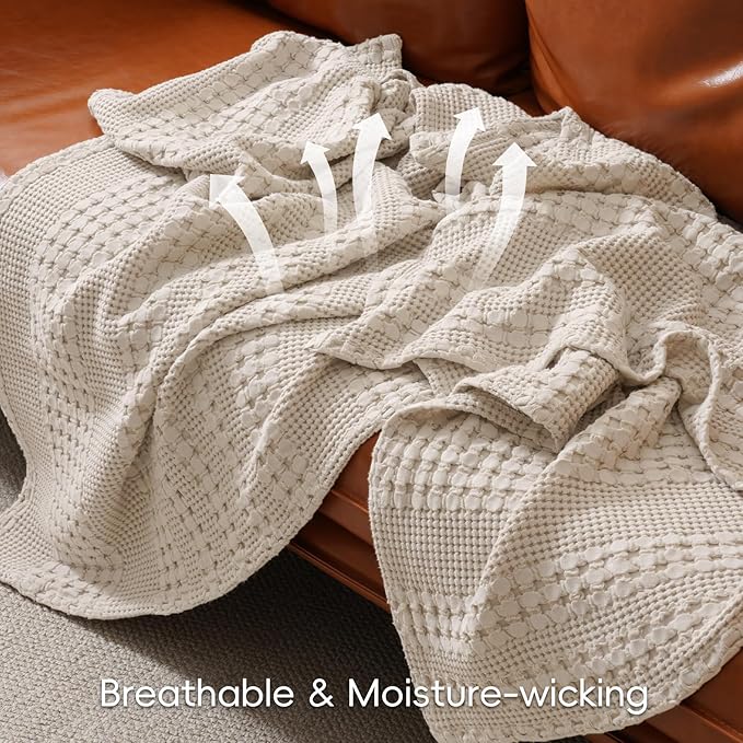 PHF 100% Cotton Waffle Weave Blanket Twin Size for Bed, Soft Lightweight & Breathable, All-Season Comfort, Luxury Aesthetic Woven Bedding for Home Decor, 66"x90", Oatmeal